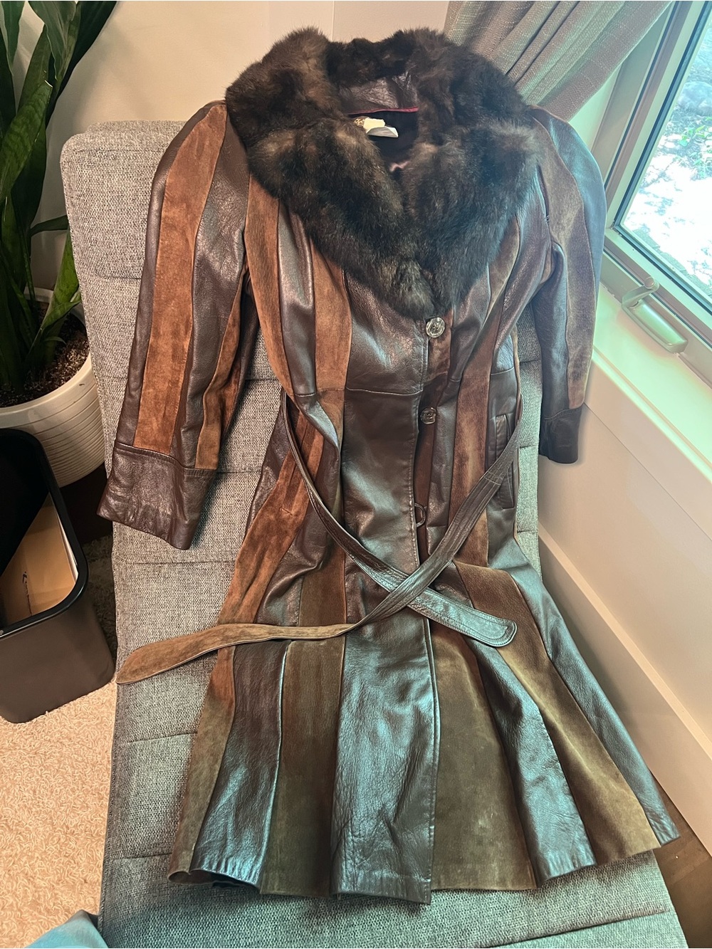 Women’s Brown Leather & Suede Coat with Fur Collar - Vintage 1970s Leather Sears